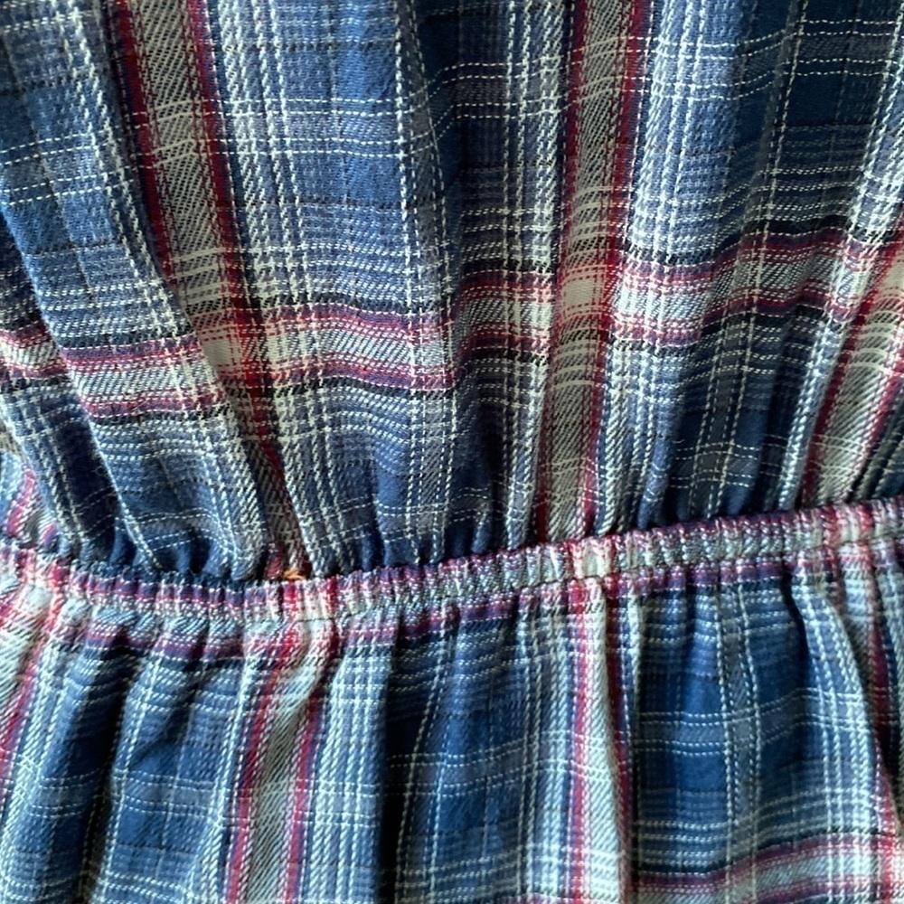 PINK LILY Plaid Elastic Waist Dress Button Down Long Sleeve Navy Red Blue - Picture 8 of 15